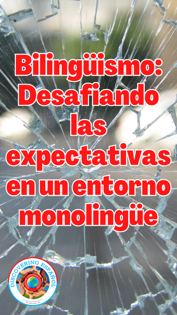 a broken glass with red text bilingüismo